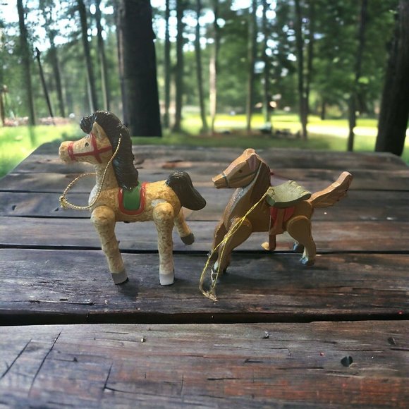 2 Vintage horse ornaments Wooden Taiwan w/Saddle 3.25” & Porcelain Russ 4” - Picture 1 of 9